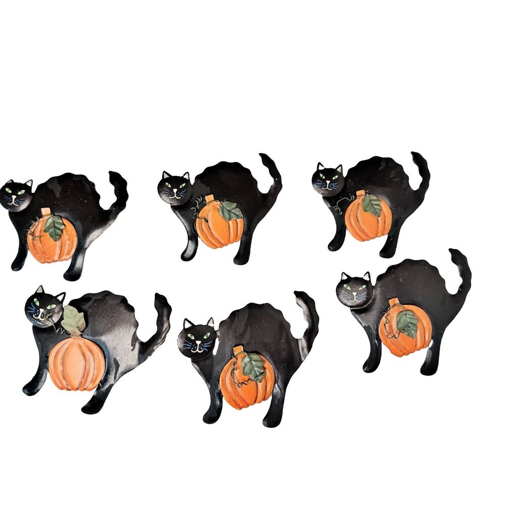 Halloween Black Cat On Pumpkin Napkin Rings Vintage Lot of 6 AUDREY Metal